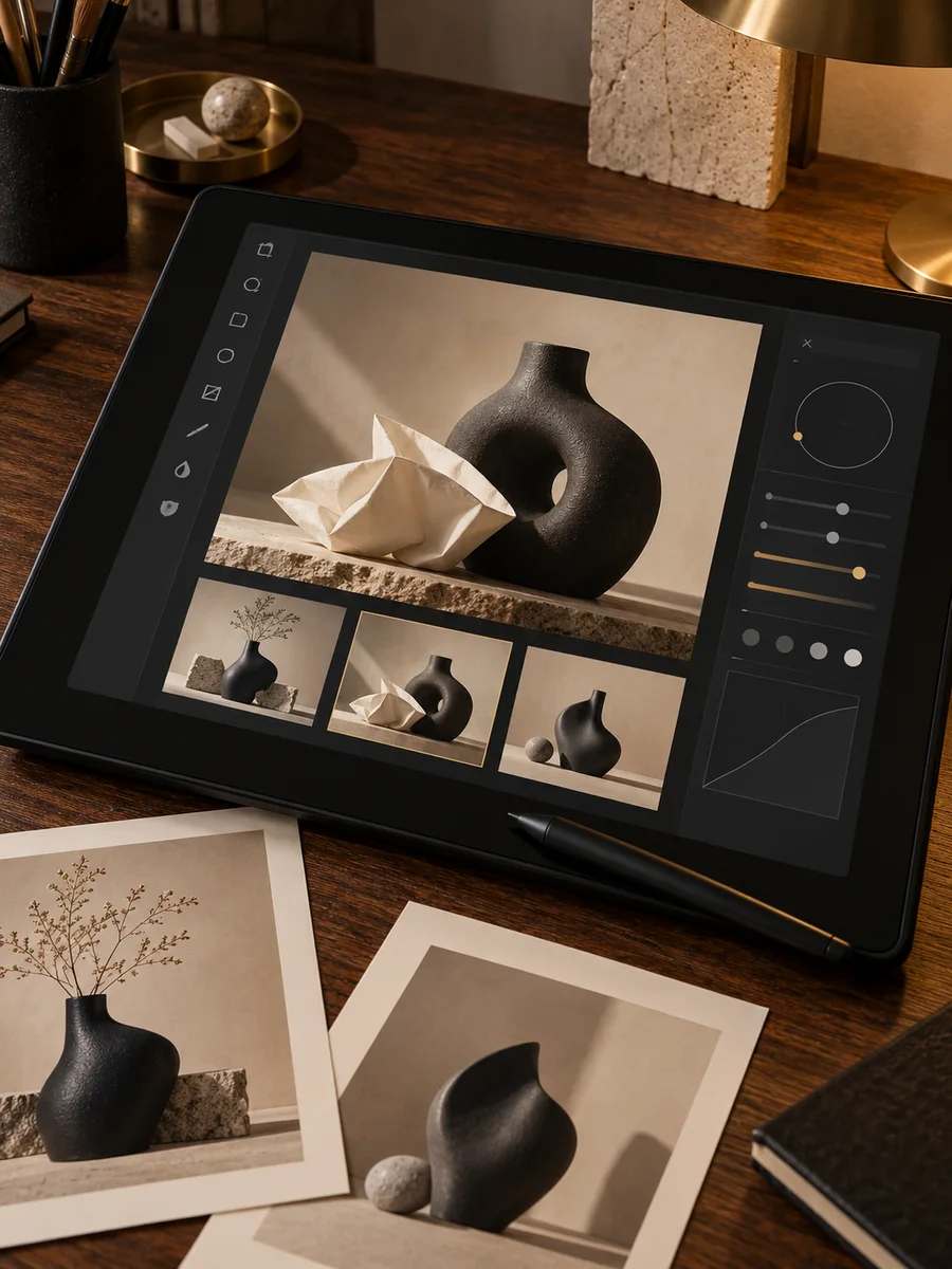 Estudio creativo con composiciones de imagen y contenido