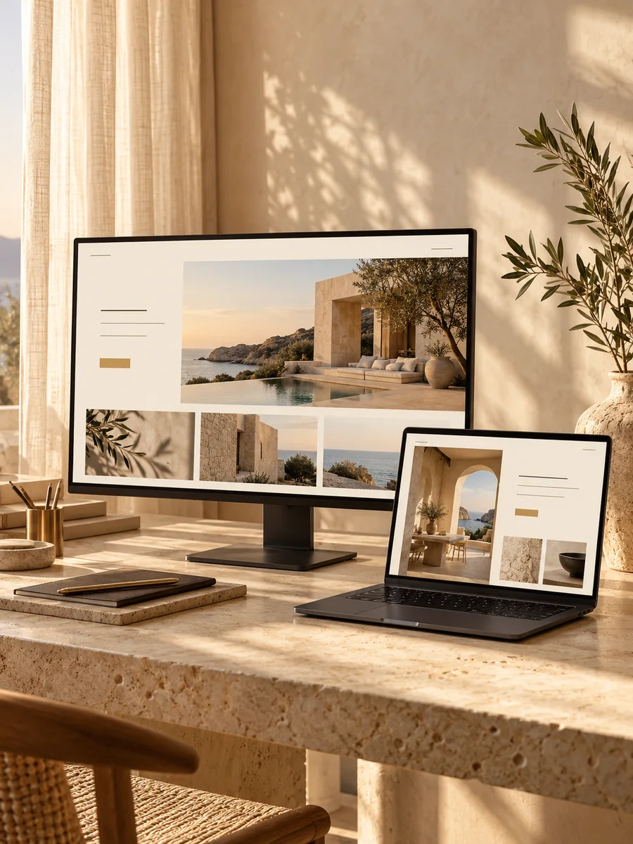 Monitor y portátil con una propuesta web en tonos marfil y dorado